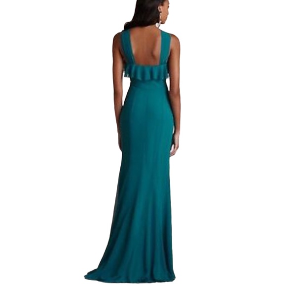 New Quillaree x BHLDN Wind Wave 2 / XS Green Teal Chiffon Ruffled Formal Gown - Picture 4 of 8